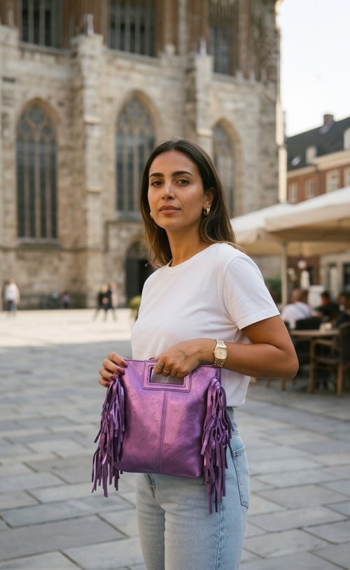 Bolso Flecos Piel Metalizado Morado
