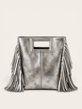 Bolso Flecos Piel Metalizado Plata